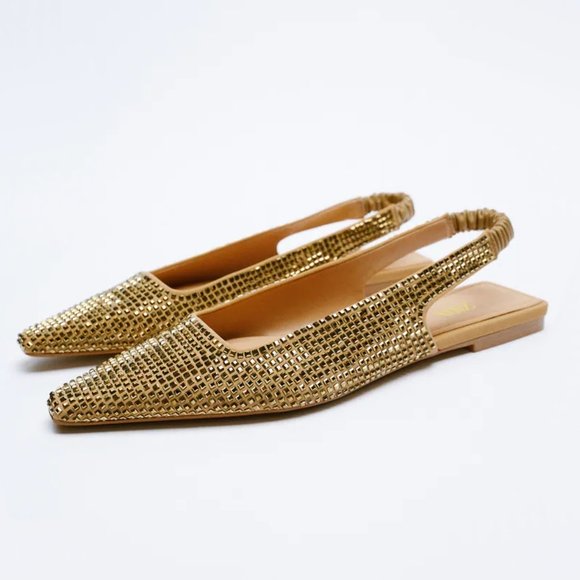 Zara Shoes - NWT Zara gold camel beige sparkly applique slingback flats